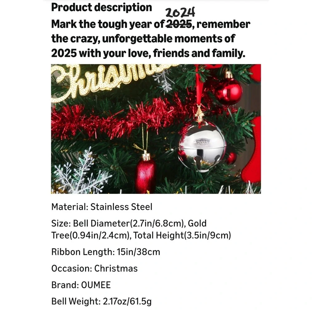 Oumee Silver Annual Sleigh Bell Christmas Tree Ornament 2024